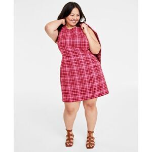 On 34th Mini Dress Womens Plus 14W Pink Plaid Tweed Wool Blend Sheath NWT